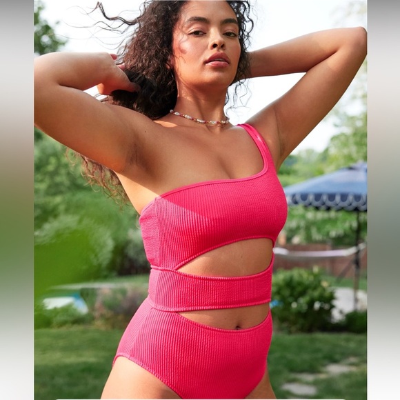 AERIE NWT XXL One-Shoulder Crinkle Cutout Luminious Rose Swimsuit AS IS - Picture 1 of 6